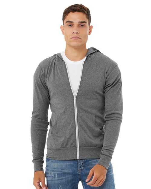 Unisex Triblend Lightweight Full-Zip Hooded Long Sleeve Tee